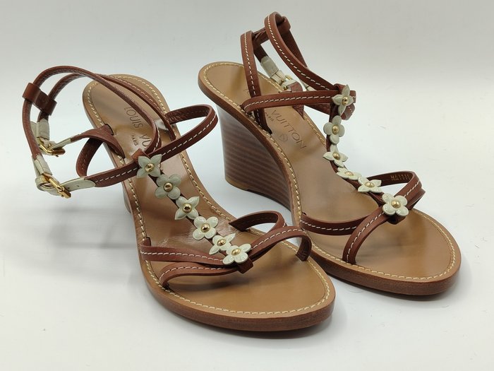 Louis Vuitton Gold/Brown Leather Wedge Sandals