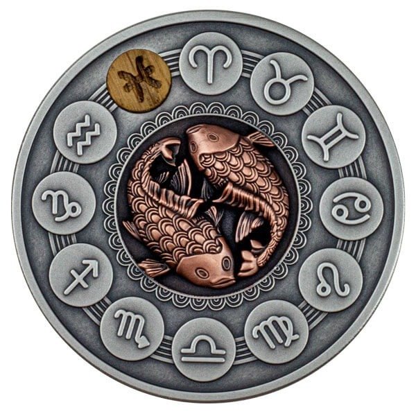 纽埃. 1 Dollar 2020 Pisces - Zodiac Signs - Antique Finish, 1 Oz (.999)  (没有保留价)