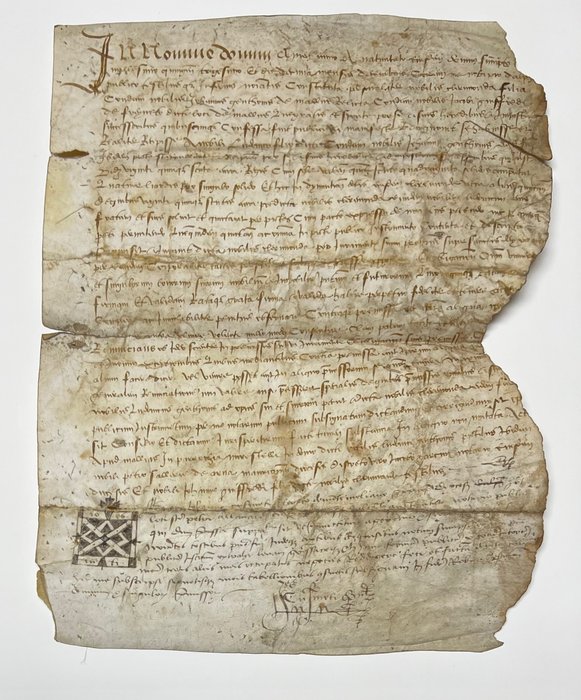 Sous Charles VIII [France] - Document manuscrit sur Vélin avec blason géométrique couronné - 1490
