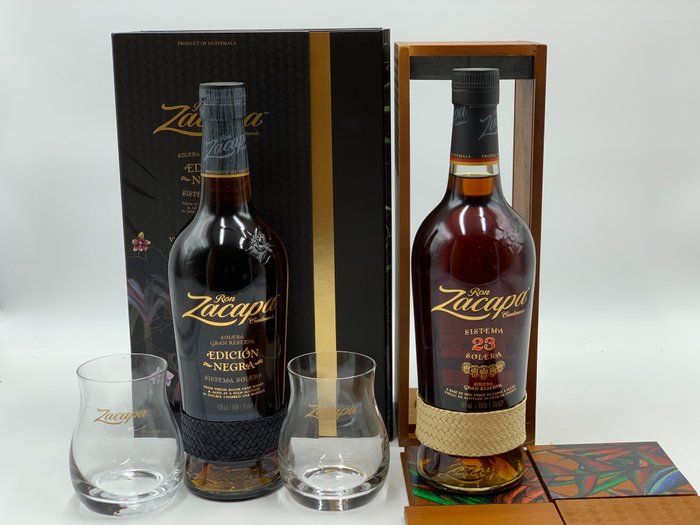 Zacapa - Edicion Negra + Solera 23 Gift Sets - with Branded Glasses and Coasters - 70cl - 2 üvegek