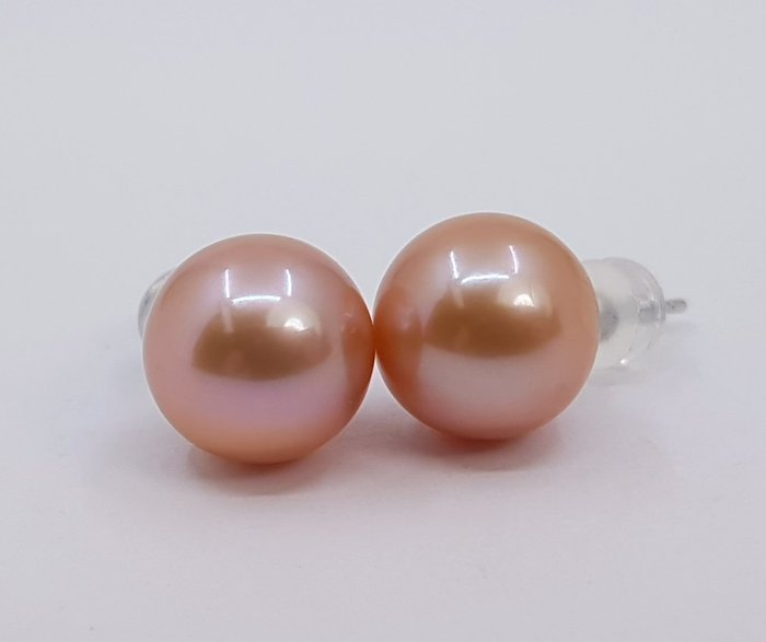 沒有保留價 - 10x11mm Round Pink Edison Pearls - 耳環 白金 