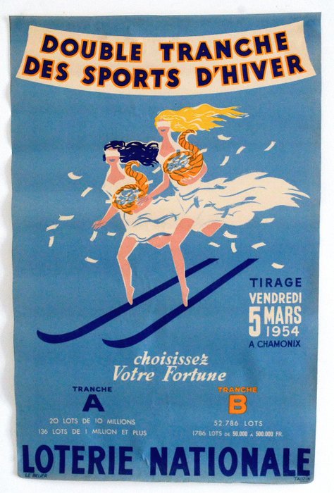 Tauzin - Tauzin – Loterie nationale – Tranche  sports d'hiver - Affiche originale - 1954