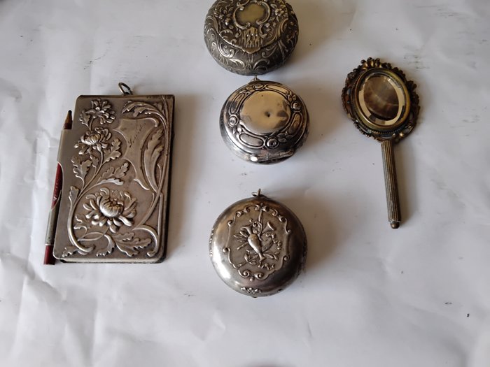 mini powder boxes, mirror, address book (5) - Art Nouveau - Silverplate