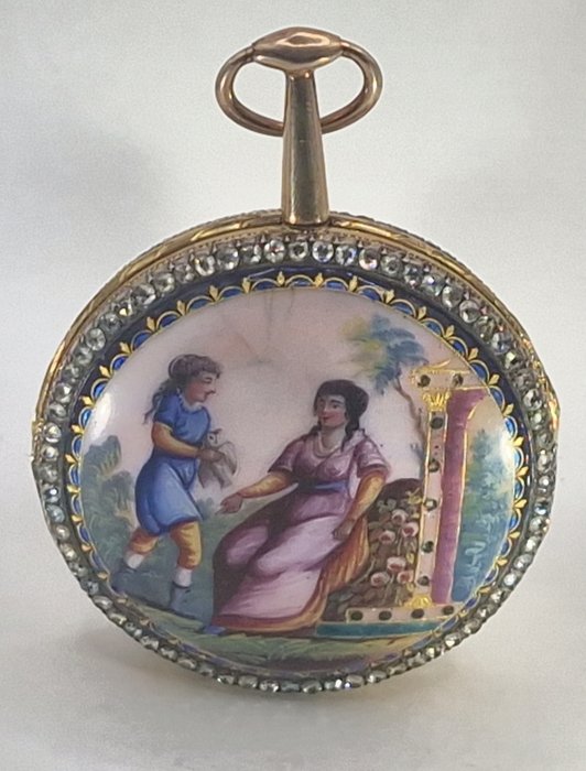 Tavernier a Paris - Vergoldetes Lepine Spindeluhr - Emaillerückseite - Die Übergabe der - Frankrike rundt 1780