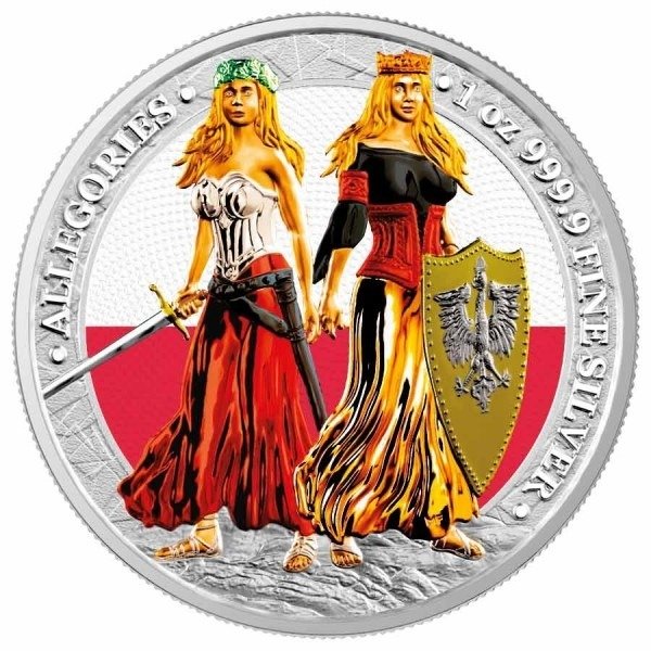 德国. 5 Mark 2022 Germania & Polonia Flag, 1 Oz (.999)
