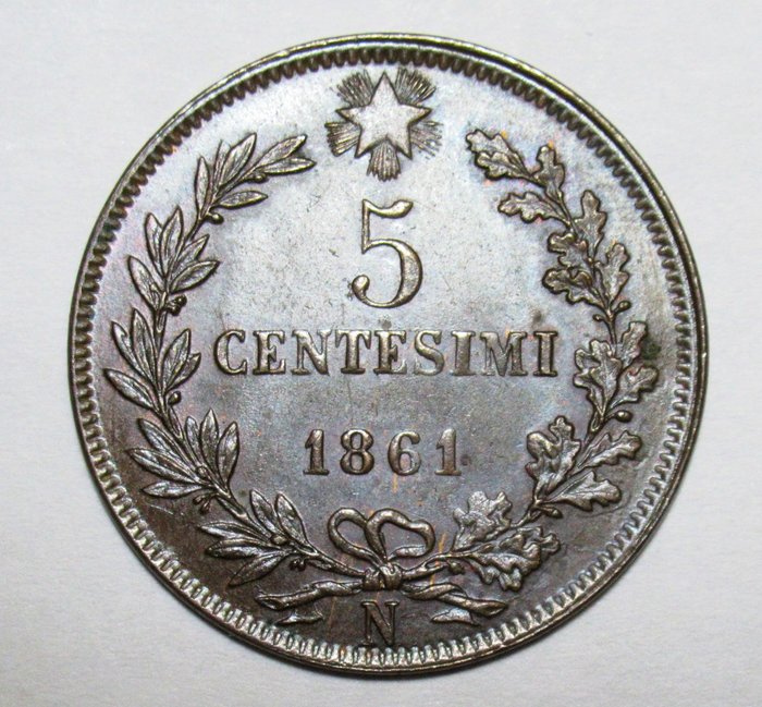 意大利， 意大利王国. 维托里奥·伊曼纽尔二世·迪·萨沃亚 （1861-1878）. 5 Centesimi 1861 - Napoli - variante "Testa grossa e tozza"