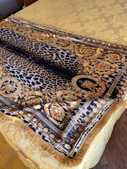 San Leucio - Kultainen neobarokkikashmir-leopardi ja silkkiruudukko - Tekstiili  - 185 cm - 95 cm