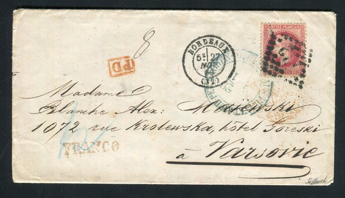 Frankrike 1869 - Fantastiskt och sällsynt brev från Bordeaux till Warszawa med siffran 32