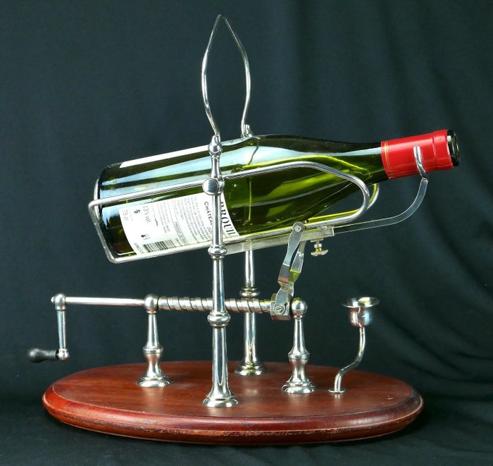 Wine/port crank decanter bottle holder - Bois, Métal argenté