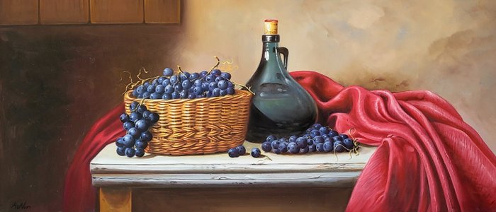 Andreas van de Ven (1950) - Stilleven met druiven, fles en rode doek