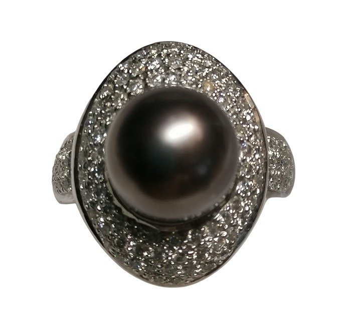 18 kt. Tahitian pearl, White gold - Ring - Diamonds