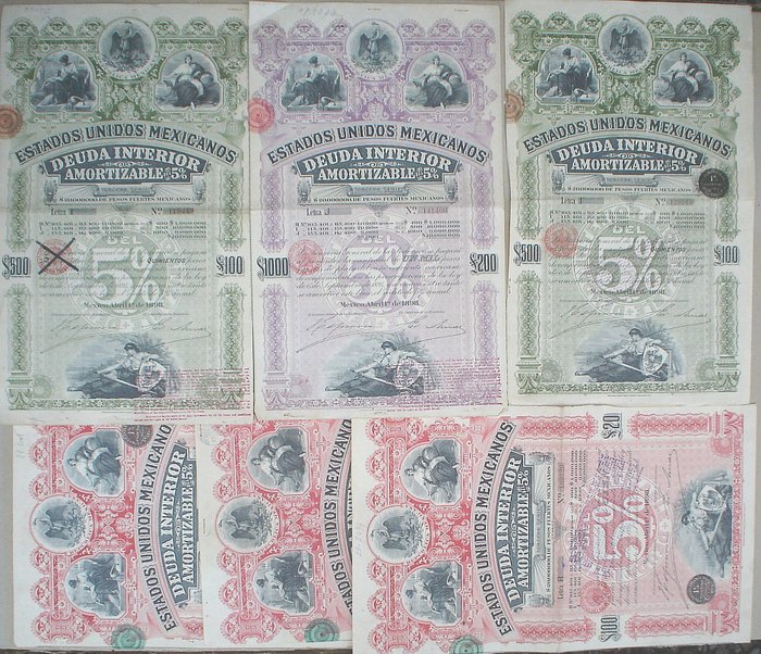 Colecție de obligațiuni sau acțiuni - Statele Unite ale Americii Mexicani 20-200 £ Sterling