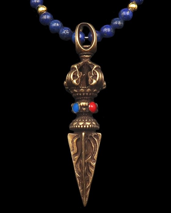 Lapis lazuli - Buddhistisk halskæde - Phurba - Åndelig beskyttelse mod negative kræfter - 14K GF guldlås - Halskæde