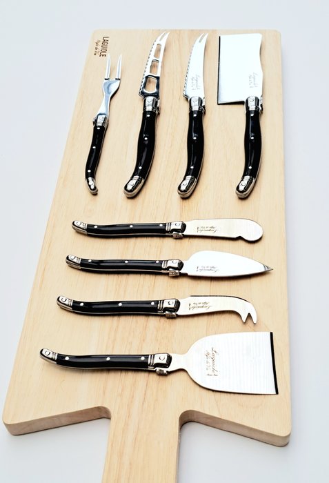 Laguiole - 8x Cheese knives - Wood Serving Board - Black - style de - Tafelmessenset (9) - Roestvrij staal