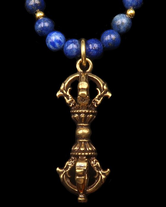 青金石 - 佛教護身項鍊 - Dorje / Vajra वज्र - 摧毀障礙 - 金色 GF 扣 - 吊墜頸鏈