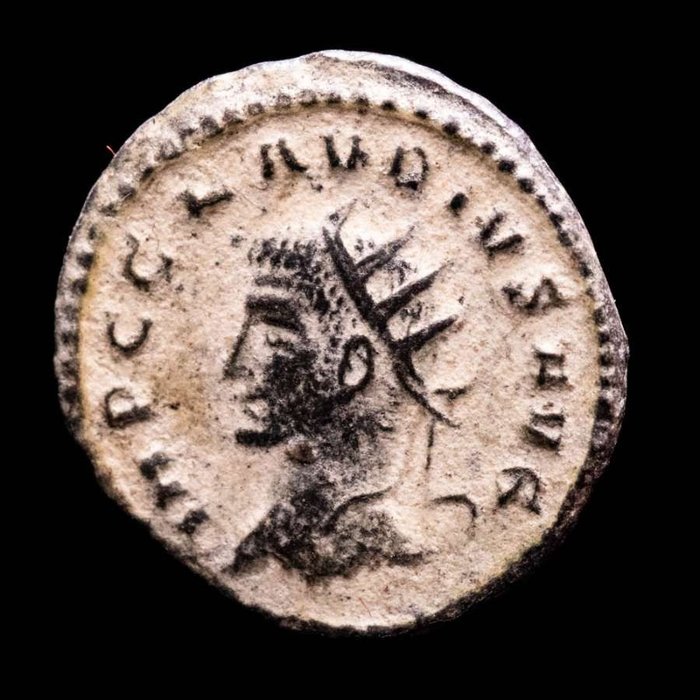 Römisches Reich. Claudius Gothicus (268-270 n.u.Z.). Antoninianus from Antioch - NEPTVN AVG, Neptune, naked, holding dolphin and resting on trident.