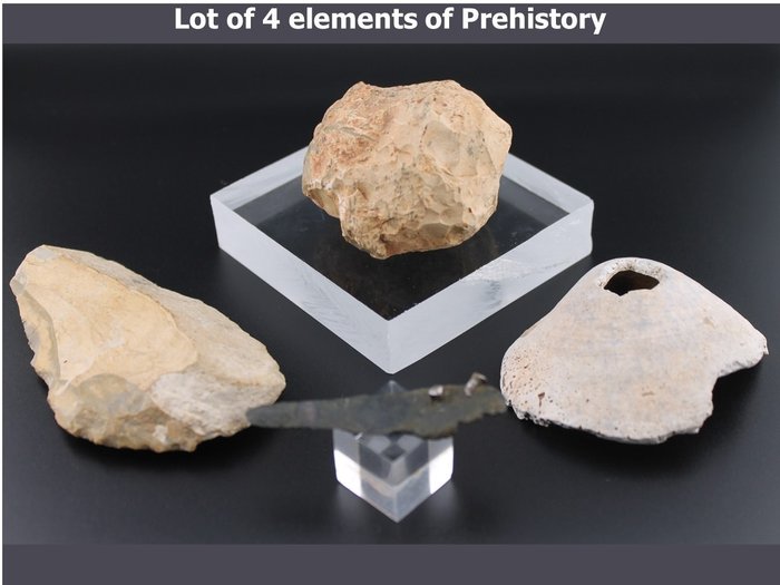 Neolítico Bronce, plata, Sílex, concha Lote de 4 elementos de la Prehistoria