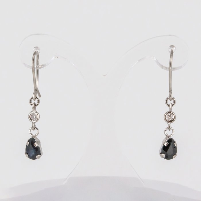 耳环 - 18K包金 白金 钻石  (天然) - 蓝宝石 