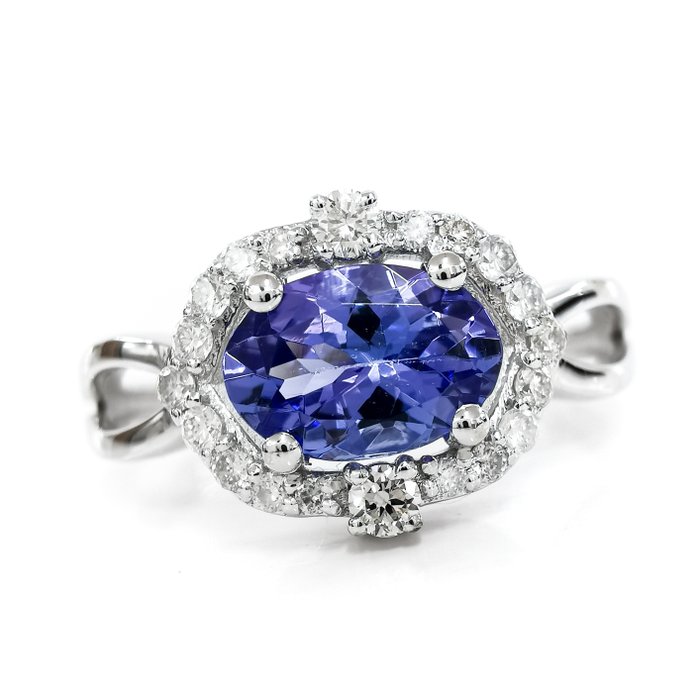 没有保留价 - 1.00 ct Blue Tanzanite & 0.20 F-G Diamond Designer Ring 戒指 - 白金 椭圆形 坦桑石 