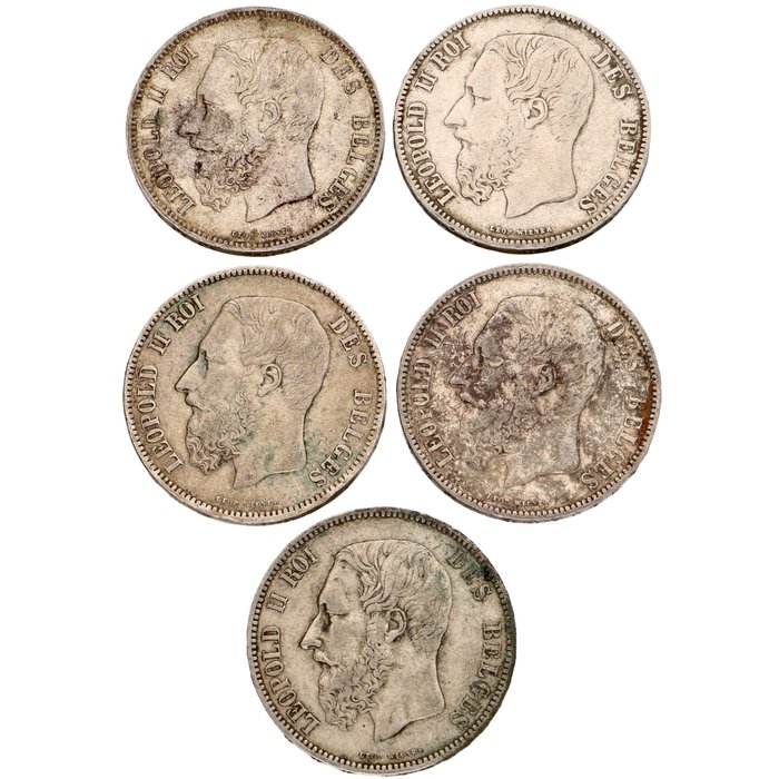 Belgium. Leopold II (1865-1909). 5 Francs 1868/1876 (5 stuks)