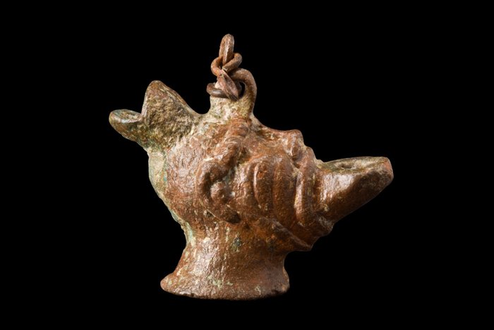 Ancient Roman Bronze Oil Lamp In The Shape Of The Head Of An African