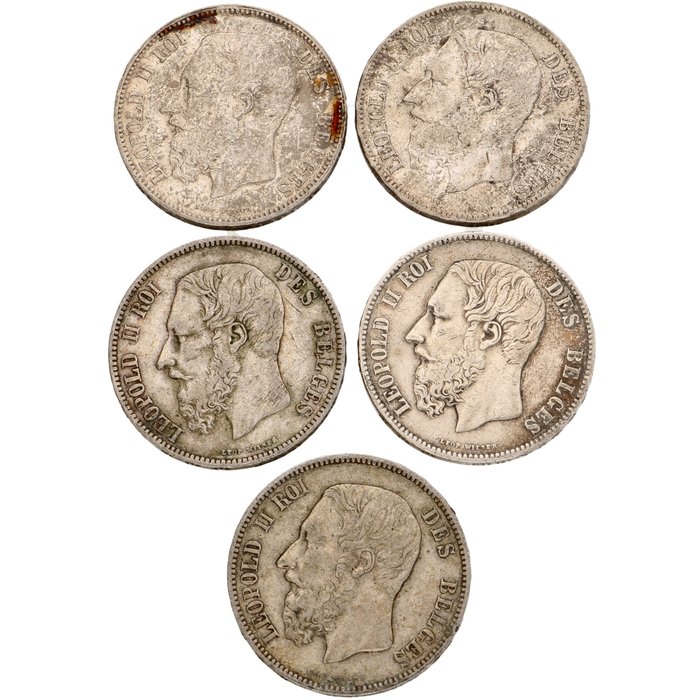 Belgium. Leopold II (1865-1909). 5 Francs 1868/1873 (5 stuks)