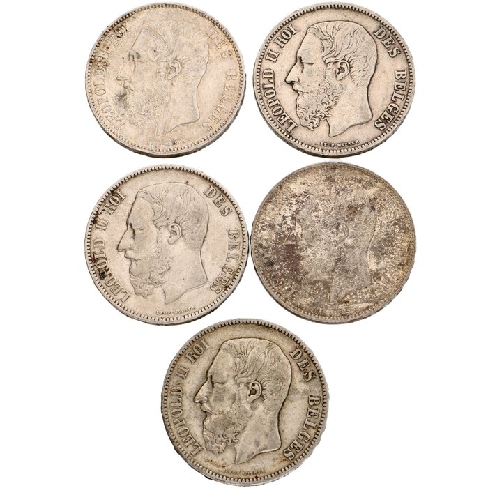 Belgium. Leopold II (1865-1909). 5 Francs 1868/1875 (5 stuks)