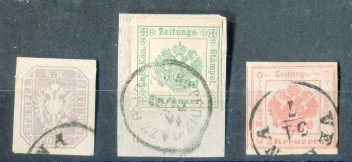 Antike italienische Staaten - Lombardo Veneto 1853/1863 - Interessanter Satz Briefmarken und Zeitungsmarken. - Sassone  Francobolli per giornali 11. Segnatasse 1, 3.