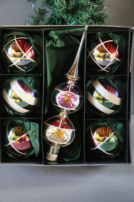 Weihnachtsdekoration Krebs: set kerstballen plus kerstboomspits (7) - handgefertigt - Glas