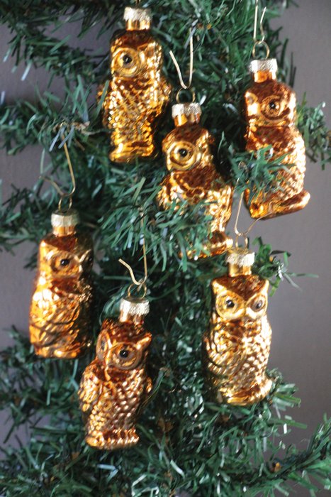 goudkleurige uilen, kerstornamenten - Karácsonyi dekorációk Europa (6) - Üveg