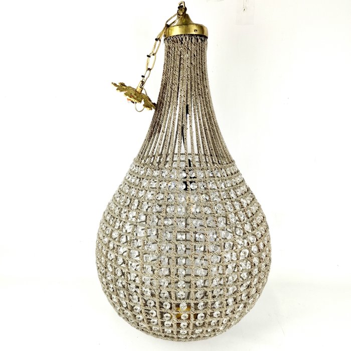 枝形吊燈 - 青銅色, 帶有水晶玻璃鈴鐺和珍珠的大型枝形吊燈/吸頂燈