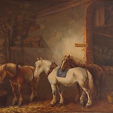 Anton Muller (1887-1979) – Barn interior with horses and chickens