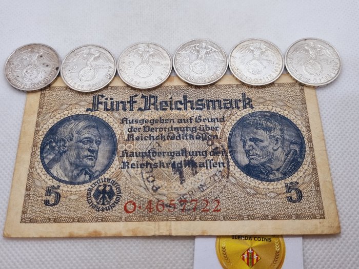 Germany, Third Reich. Lot of 6 x 2 Reichsmark & 1 Banknote 5 Reichsmark 1937/1939