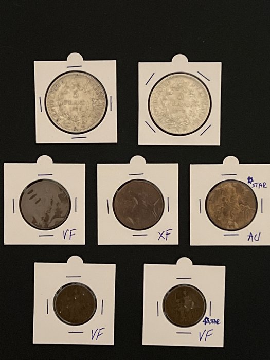 Frankreich. Third Republic (1870-1940). Lotto di 7 monete dal 1873 al 1917, con 2 monete in argento