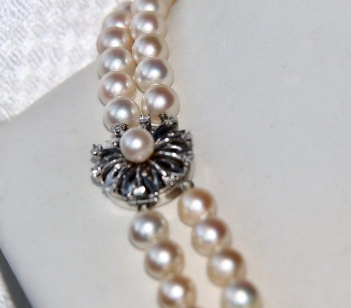 2 strand "AK" manufacture - 14 carati Oro bianco - Collana Perle - Diamanti, autentiche perle giapponesi di mare/acqua salata da 7,8 mm