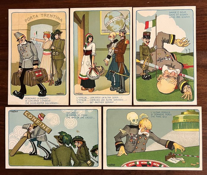 Italie - Italien illustré par le célèbre Aurelio Bertiglia, sujet de la même "satire politique" - Cartes postales (Groupe de 23) - 1914-1924