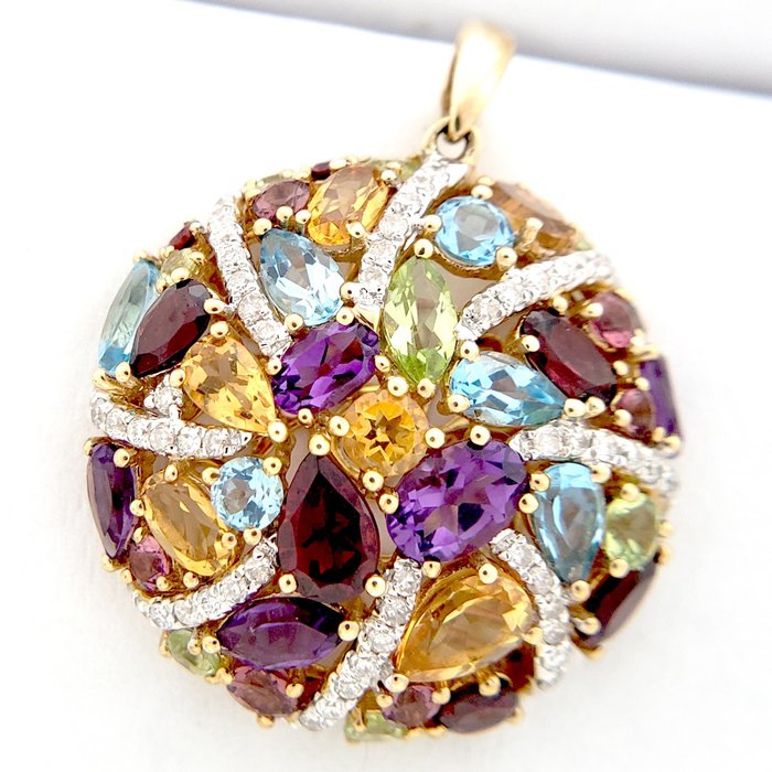 14 克拉 黃金 - 吊墜 - 紫水晶、黃水晶、石榴石、橄欖石、粉紅電氣石、黃玉、鑽石