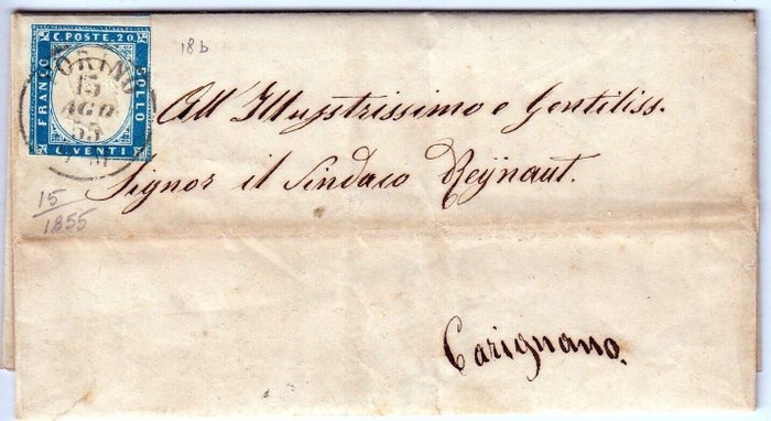 意大利古國－薩丁尼亞 - 1855 年 8 月 15 日，都靈的一封信，由 Carignano 寫成，附有 20 分。撒丁島
