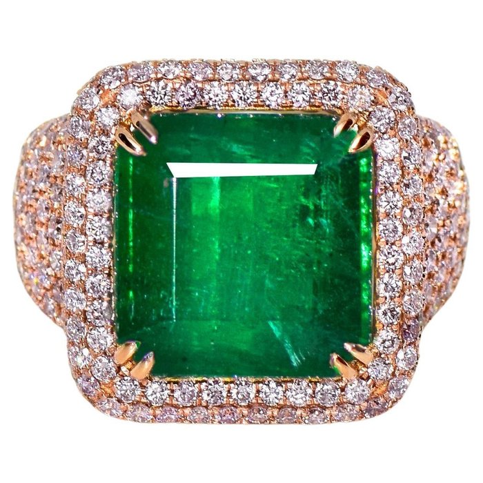 No Reserve Price-IGI 11.33 ct Zambia Minor-oiled Intense Green Emerald and 3.98 ct Pink Diamonds - 18 carats Or rose - Bague - 11.33 ct Émeraude - Diamants, Certifié IGI