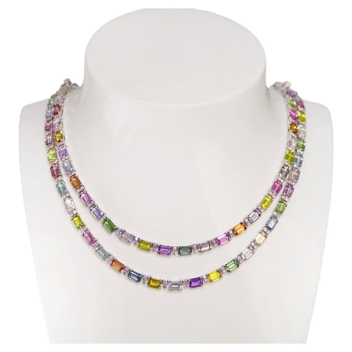 No Reserve Price-IGI 49.84 ct Fancy Color Sapphires and 2.24 ct Pink Diamonds Tennis Necklace and - 18 carati Oro bianco - Bracciale, Collana - 49.84 ct Zaffiro - Diamanti