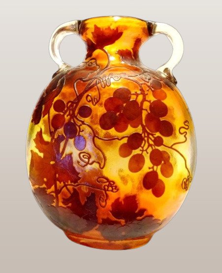 Emile Gallé - Large acid-etched glass gourd vase - vine decoration - 4.2 kg
