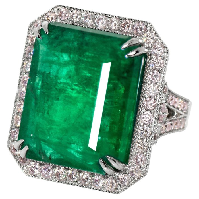 No Reserve Price-IGI 24.44 ct Natural Intense Green Emerald and 1.65 ct Pink Diamonds Art Deco Style - 18 carats Or blanc - Bague - 24.44 ct Émeraude - Diamants, Certifié IGI