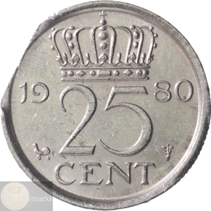 Netherlands. Juliana. Misslag 25 cent 1980 "strookeinde"