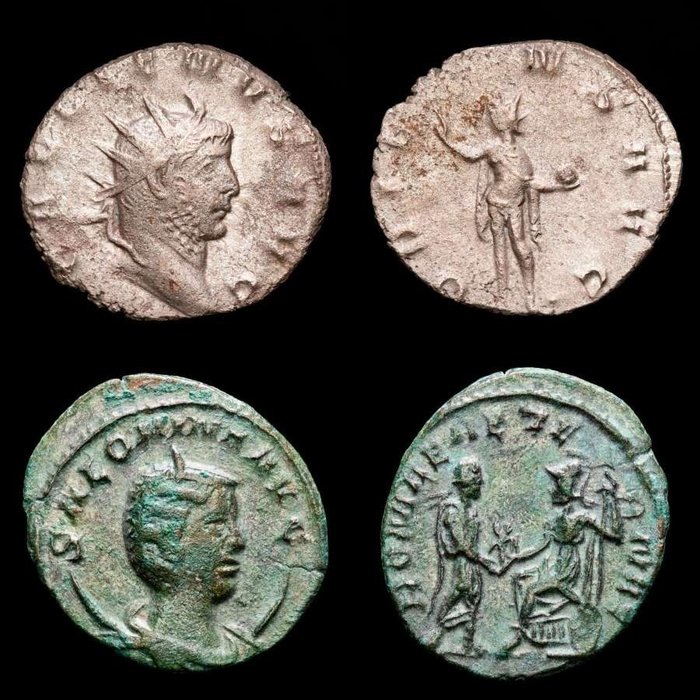 Empire romain. Salonina and Gallienus. Lot comprising two (2) antoninianus from Antioch and Mediolanum - ROMAE AETERNAE and ORIENS AVG, Radiate Sol.