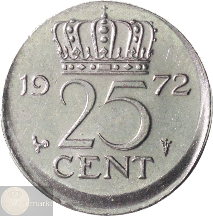 Netherlands. Juliana. Misslag 25 cent 1972 "decentrisch geslagen"