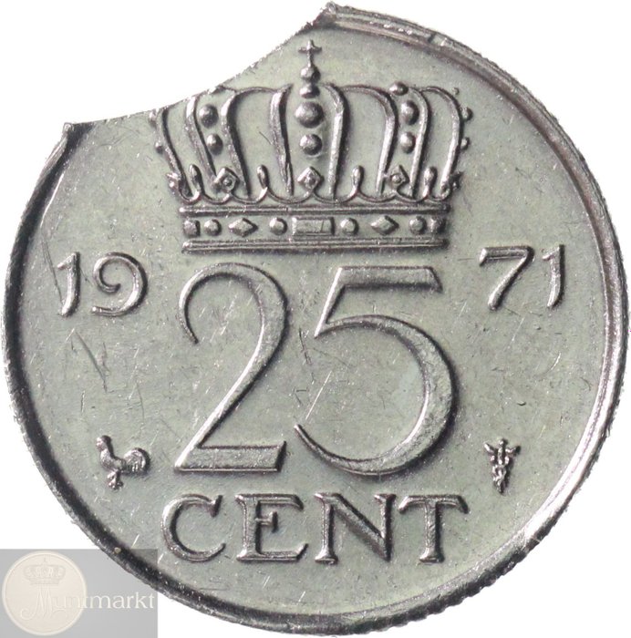 Netherlands. Juliana. Misslag 25 cent 1971 "stansfout"