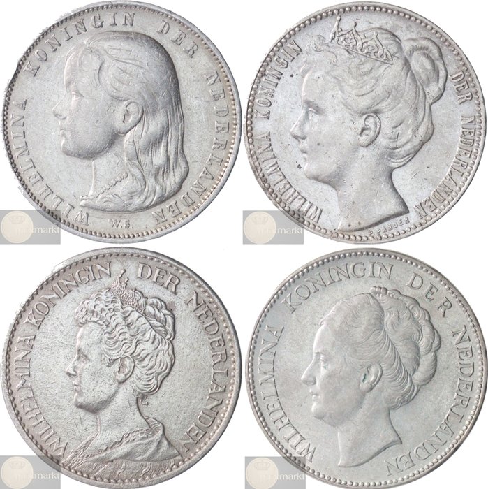 Pays-Bas. Wilhelmina. 1 Gulden 1892, 1907, 1915 en 1930 (4 verschillende types)