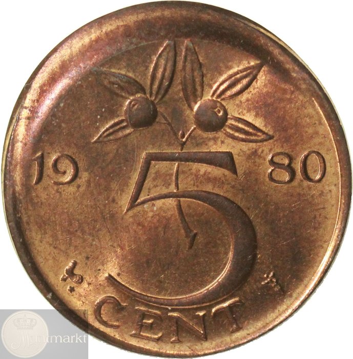 Netherlands. Juliana. Misslag 5 cent 1980 "decentrisch geslagen"