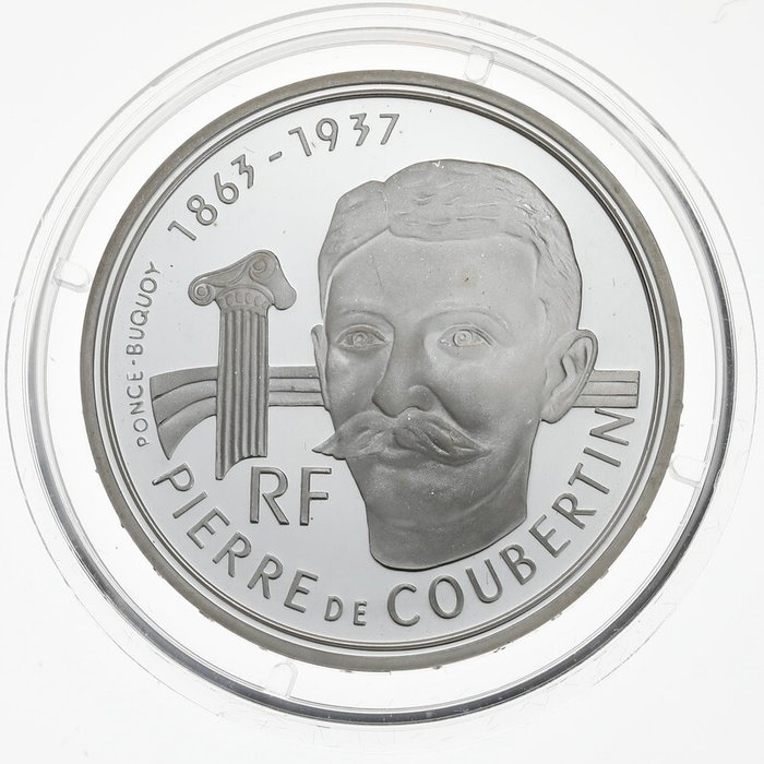 Frankrijk. 100 Francs 1991 Pierre de Coubertin, Albertville 92. Essai en argent