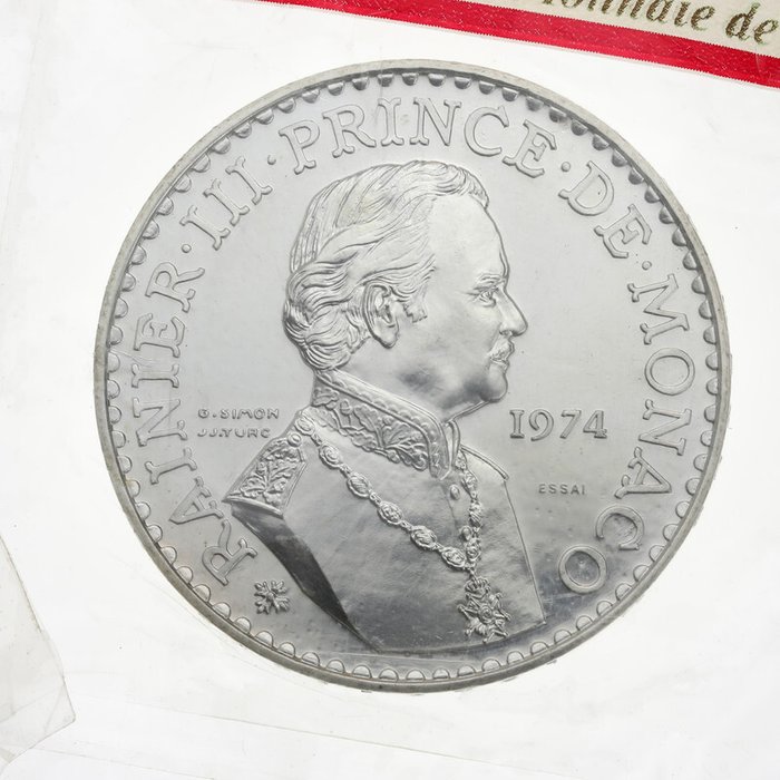 Mónaco. 50 Francs 1974 Rainier III. Essai en argent sous sachet scellé